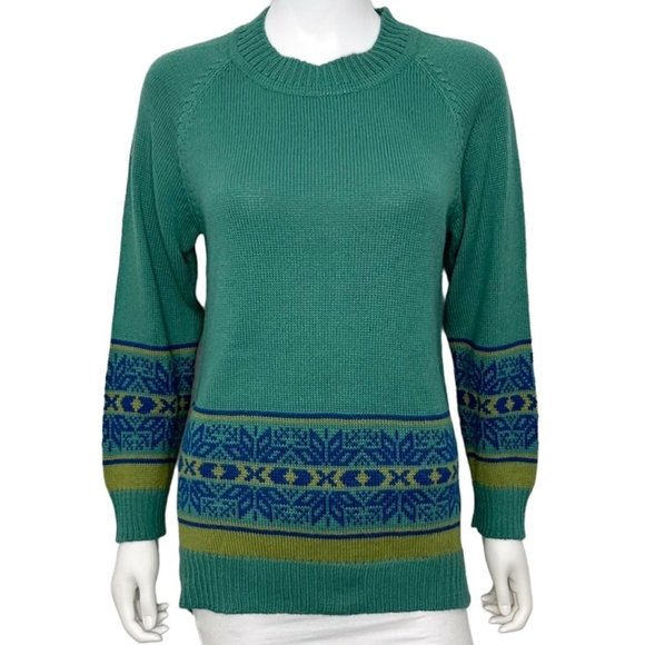 Novica Alpaca Blend Fairisle Print Curved Hem Sweater in Green Blue Women’s Sz S - Picture 1 of 16